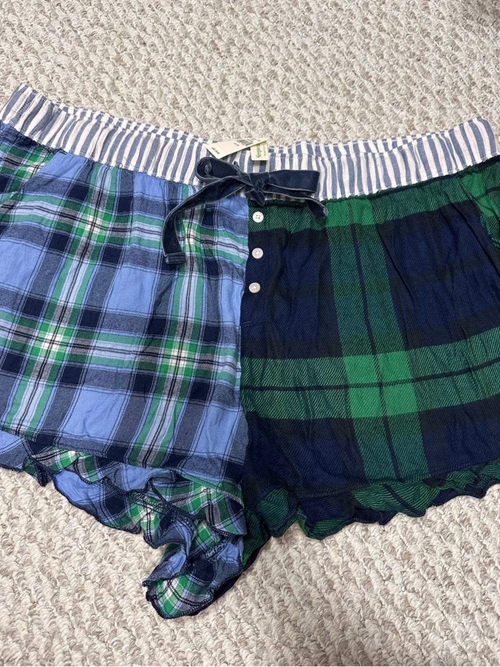 NWT Plaid Drawstring Flannel Women’s Boxer Shorts in Blue and Green